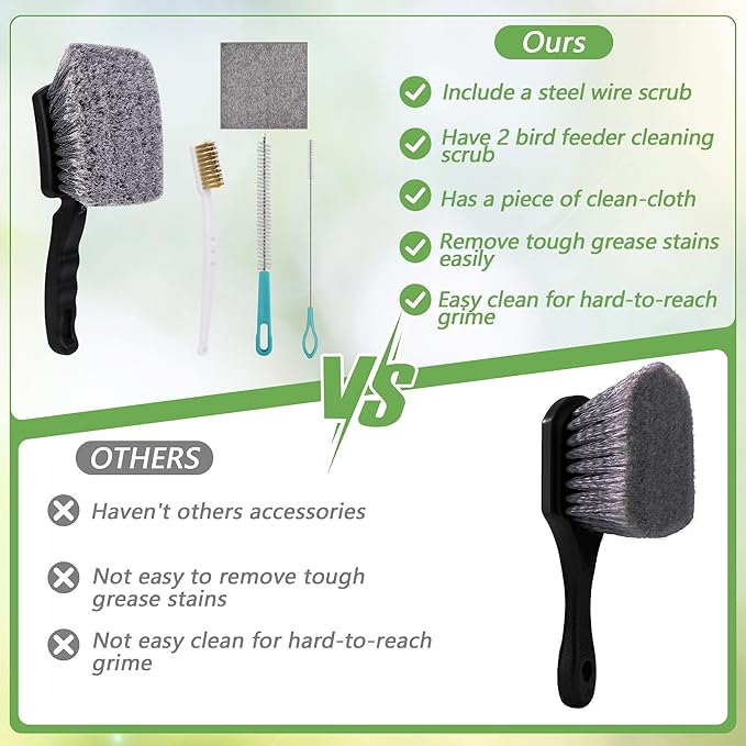 5Pcs Bird Bath Brush Kit, Larbeti 1P Hard Silk Bristle Bird Bath Cleaner Brush, 2P Hummingbird Feeder Cleaning Scrub, 1P Steel Wire Scrub, 1P Clean-Cloth to Hummingbird Feeders, Bath Feeders