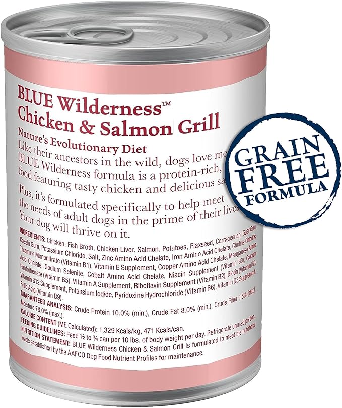 Blue Buffalo Wilderness High Protein Natural Adult Wet Dog Food Plus Wholesome Grains, Chicken & Salmon Grill 12.5-oz Cans (Pack of 12)