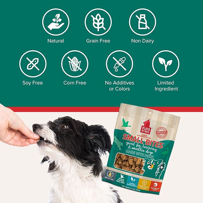 Plato Pet Treats Air Dried Small Bites Dog Treats, Natural Bite Sized Real Meat & Duck, Grain Free & High Protein, Made in the USA, 6oz