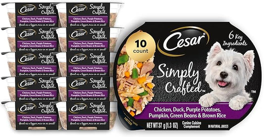 Cesar Simply Crafted Adult Wet Dog Food Meal Topper, Chicken, Duck, Purple Potatoes, Pumpkin, Green Beans & Brown Rice, 1.3oz. (10 Count, Pack of 1)
