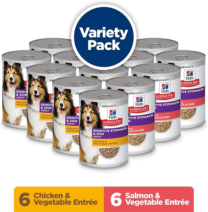Hill's Science Diet Adult 1-6 Sensitive Stomach & Skin Wet Dog Food Variety Pack: Chicken & Vegetable; Salmon & Vegetable Loaf, 12.8 oz. Cans, 12-Pack