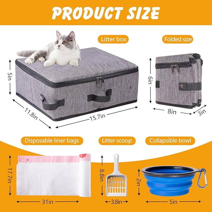 Travel Litter Box for Cats in Car with Lid and Cat Litter Scoop,Portable Cat Litters Case with a Bowl and 10 pcs Disposable Liner Bags,Leak-Proof and Collapsible