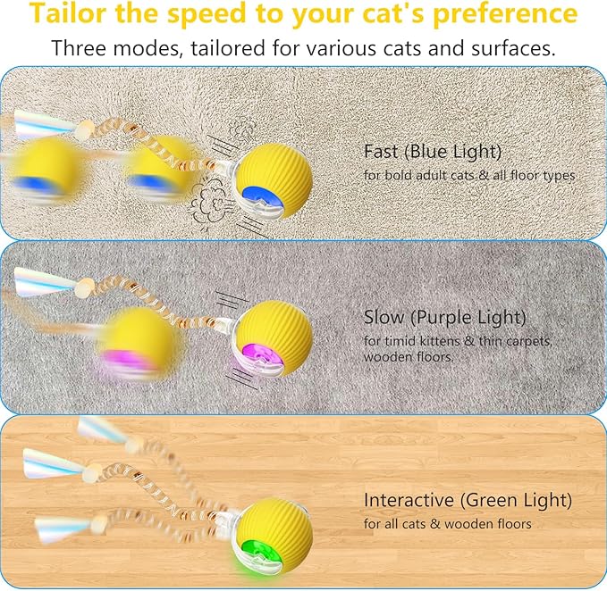 Interactive Cat Toys for Indoor Cats, Interactive Cat Ball Toy with Elastic Mesh Tail, Automatic Cat/Kitten Toys with Chirping & Motion Activate, Cat Toys for Bored Indoor (Yellow)