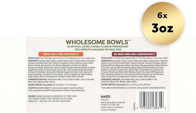 Cesar Wholesome Bowls Adult Wet Dog Food, Beef, Chicken, Carrots, Barley & Green Beans Recipe and Chicken, Apple & Sweet Potato Recipe Variety Pack, 3 oz. (6 Count, Pack of 1)