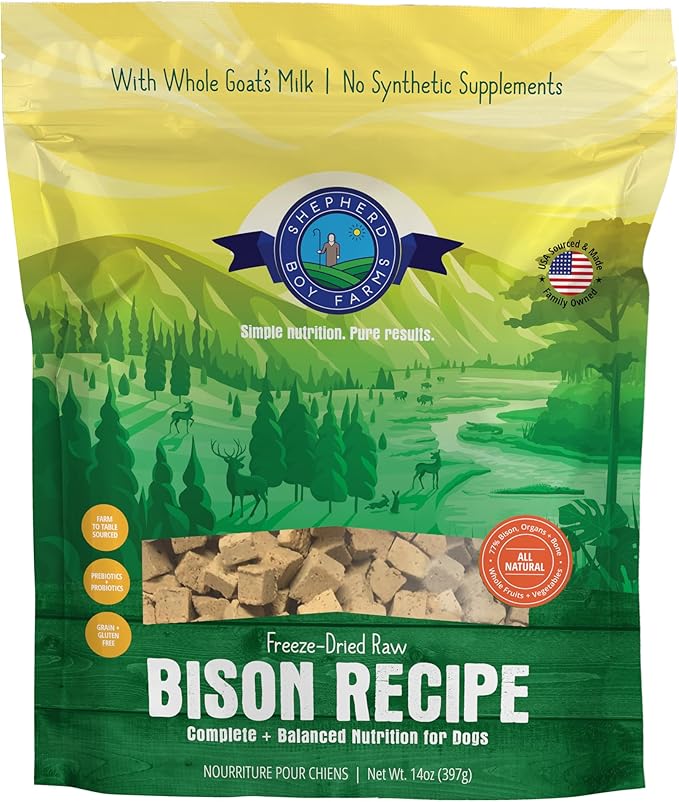 Freeze Dried Raw Dog Food, Bison Recipe, All Natural, No Synthetics, Made in USA with Goat's Milk & Organic Produce, High Protein, Complete Meal (14oz)