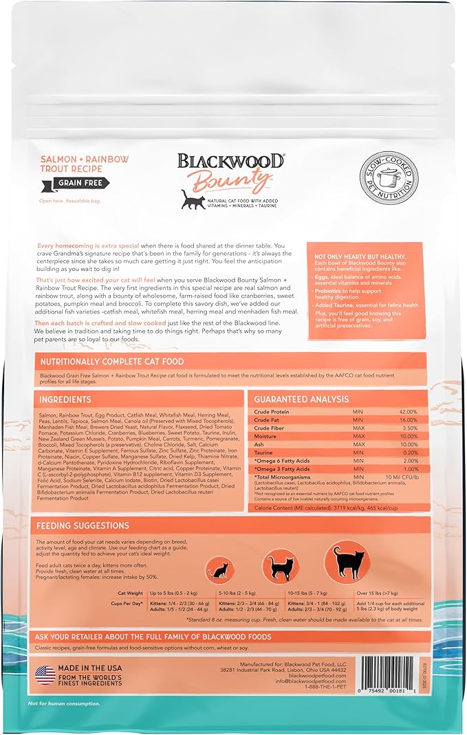 Blackwood Bounty Dry Cat Food, Salmon & Rainbow Trout Recipe for All Life Stages, 4.5 Pound Bag, High Protein, Grain Free