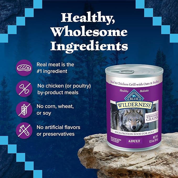 Blue Buffalo Wilderness Adult Wet Dog Food with Wholesome Grains, Made with Natural Ingredients, Beef & Chicken Grill, 12.5-oz. Can (12 Count)