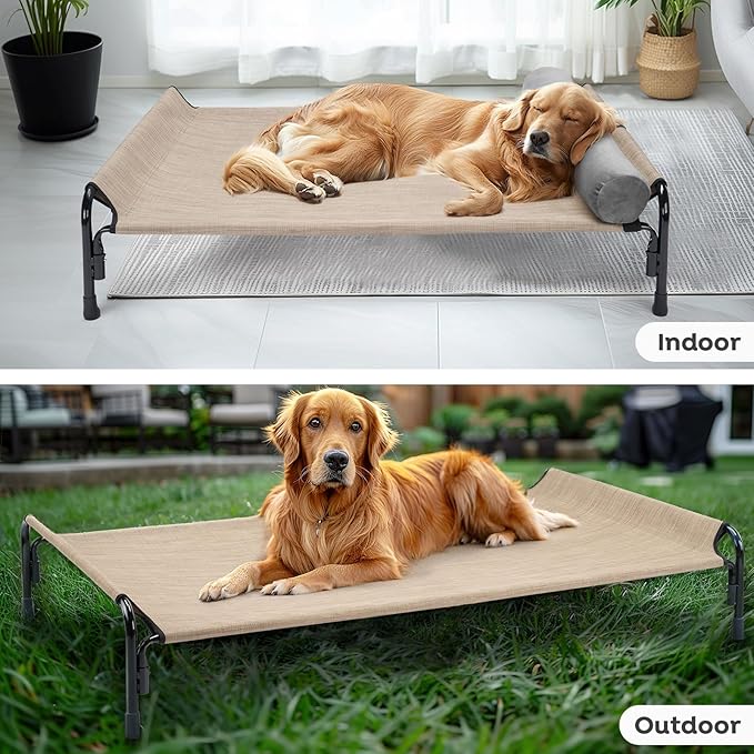 Veehoo Large Elevated Dog Bed, Outdoor Raised Dog Cot Hammock Bed with One-Sided Removable Headrest Bolster, Cooling Breathable Washable Teslin Mesh, Off Ground, Anti-Slip, XL, CWC2204BCP