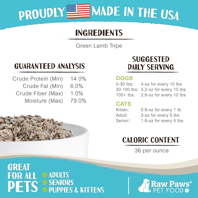 Raw Paws Signature Pet Food for Dogs & Cats - Green Lamb Tripe, 1-lb Rolls (20 Pack) - Fresh Pet Food Made in USA - Natural Dog Food Rolls - Raw Frozen Dog Food – Green Lamb Tripe for Dogs & Cats
