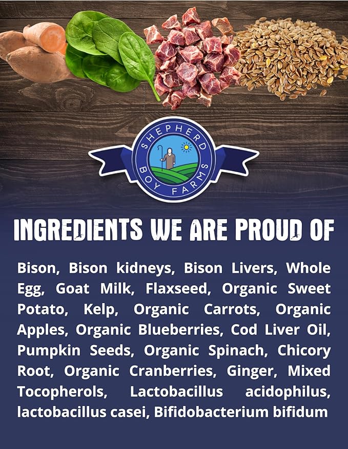 Freeze Dried Raw Dog Food, Bison Recipe, All Natural, No Synthetics, Made in USA with Goat's Milk & Organic Produce, High Protein, Complete Meal (14oz)