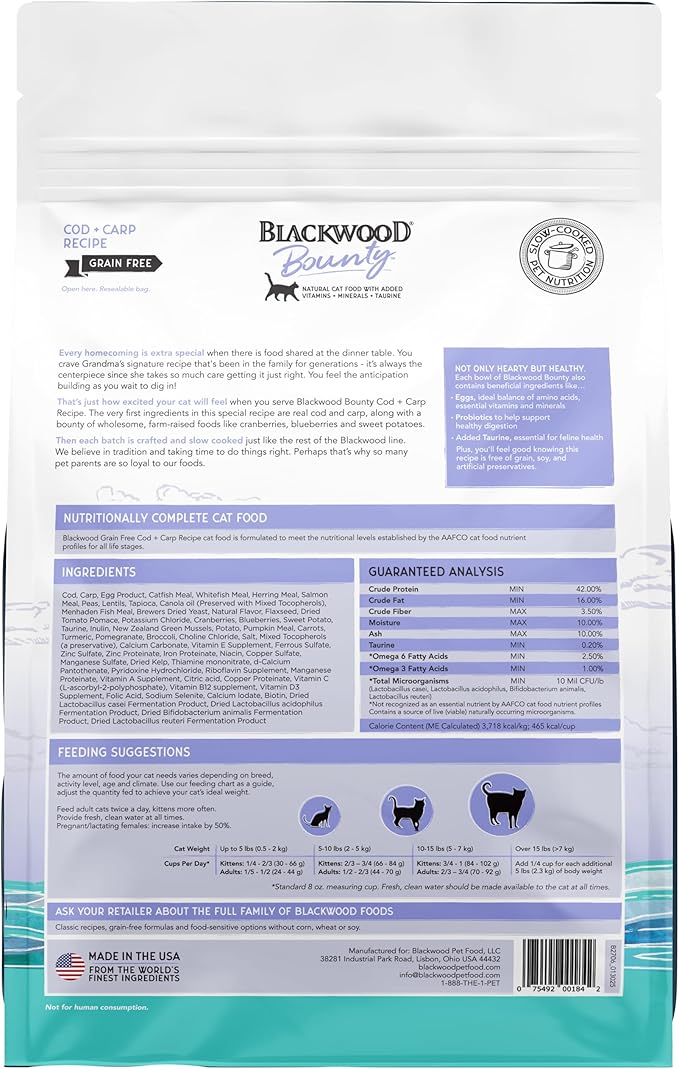 Blackwood Bounty Dry Cat Food, Cod & Carp Recipe for All Life Stages, 4.5 Pound Bag, High Protein, Grain Free