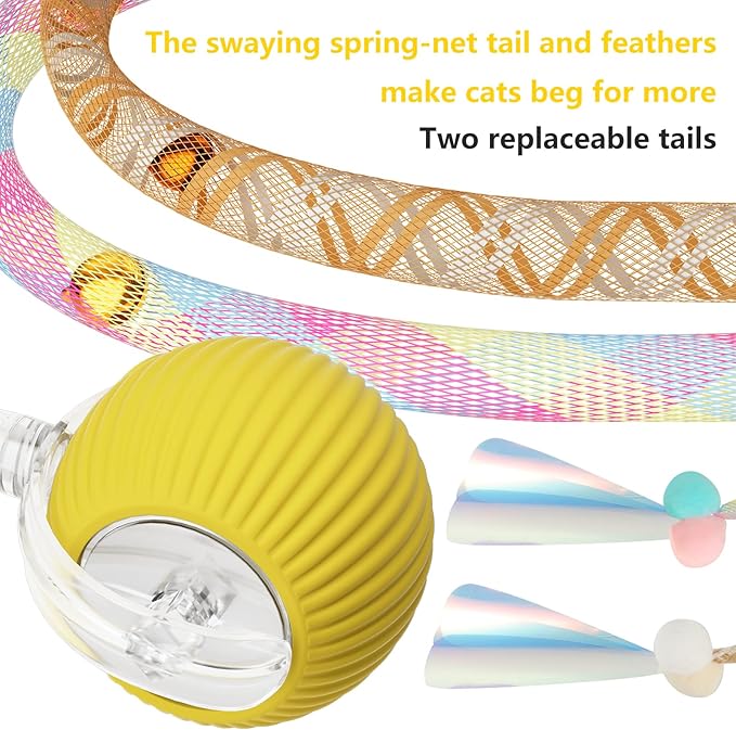 Interactive Cat Toys for Indoor Cats, Interactive Cat Ball Toy with Elastic Mesh Tail, Automatic Cat/Kitten Toys with Chirping & Motion Activate, Cat Toys for Bored Indoor (Yellow)