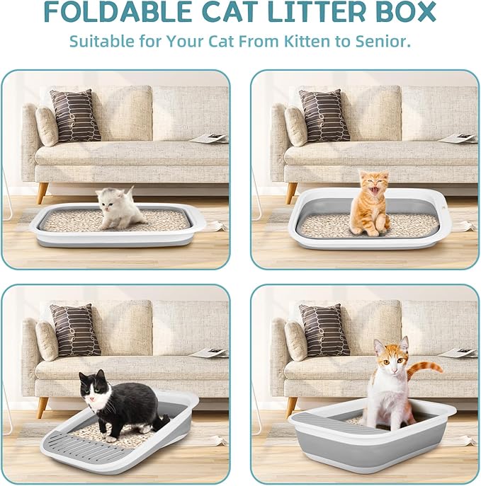 Collapsible Kitty Litter Box, ShineMe Open Top Cat Litter Tray with Scoop and Litter Bag, Anti-Splashing Waterproof Cat Toilet Potty Pan 17.7” x 13.5”, Grey