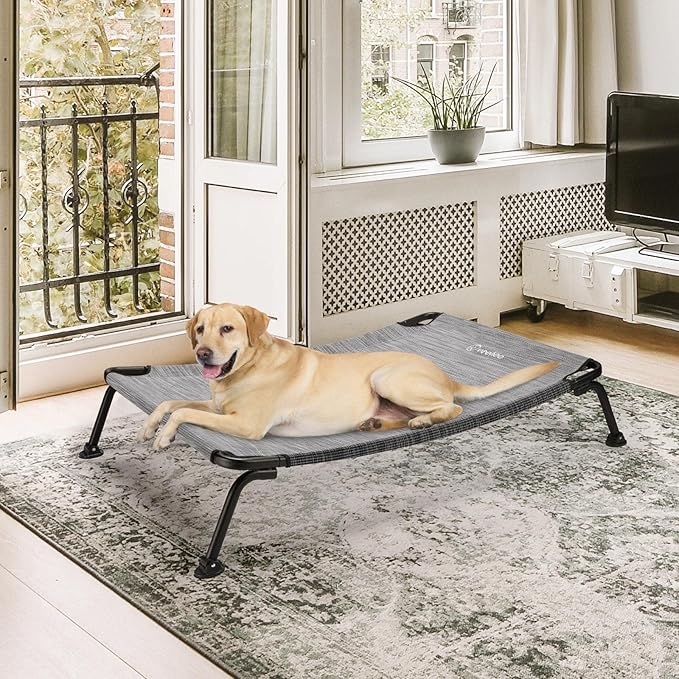 Veehoo Outdoor Elevated Dog Bed, Cooling Raised Dog Cots Beds for Large Dogs, Portable Waterproof Curved Dogs Hammock Bed for Outside, up to 120lbs, Black Legs, Black Silver 42"