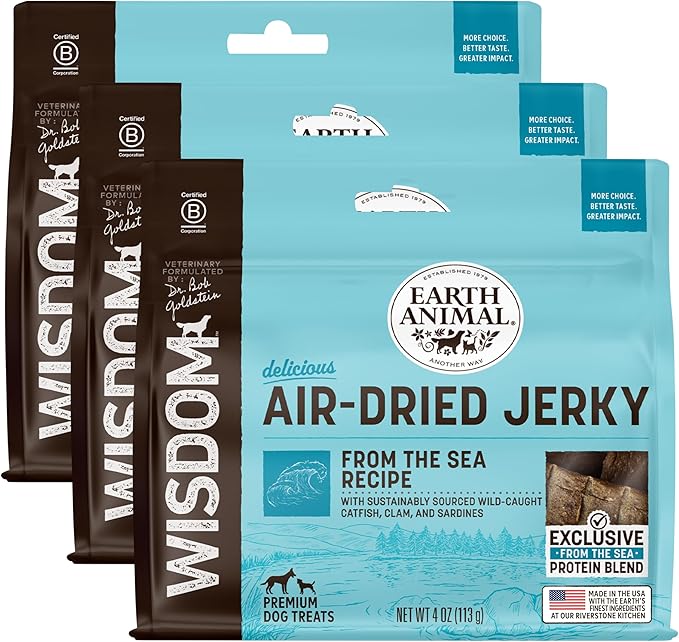 Earth Animal Wisdom Air-Dried Jerky from The Sea Recipe | Dog Treats | Dog Snacks | Premium Natural Fish Jerky Strips | 4 oz |Made in The USA (Pack of 3)