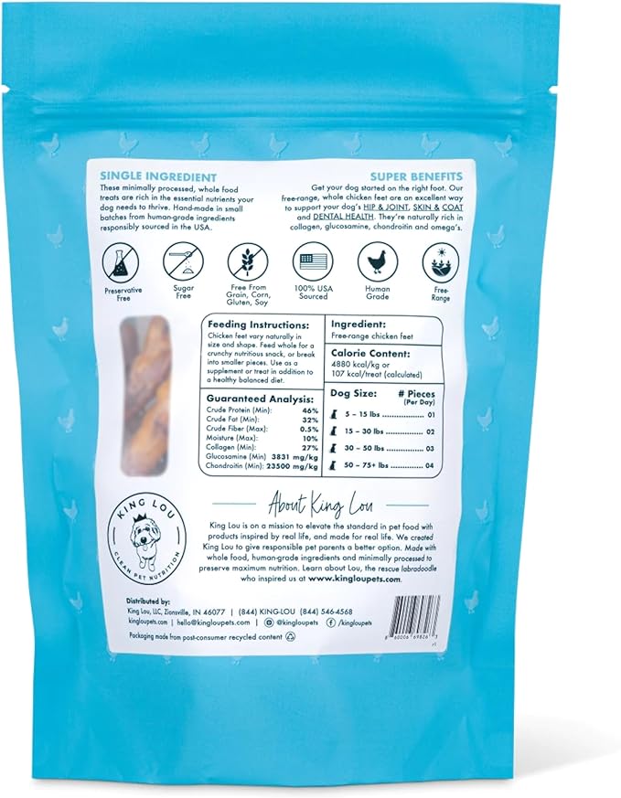 King Lou Pets - Whole Chicken Feet for Dog - Dehydrated Chicken Feet for Dog Treats - USA-Made Dental Treats for Dogs - Collagen, Glucosamine, Chondroitin for Hip and Joints - 10 Count