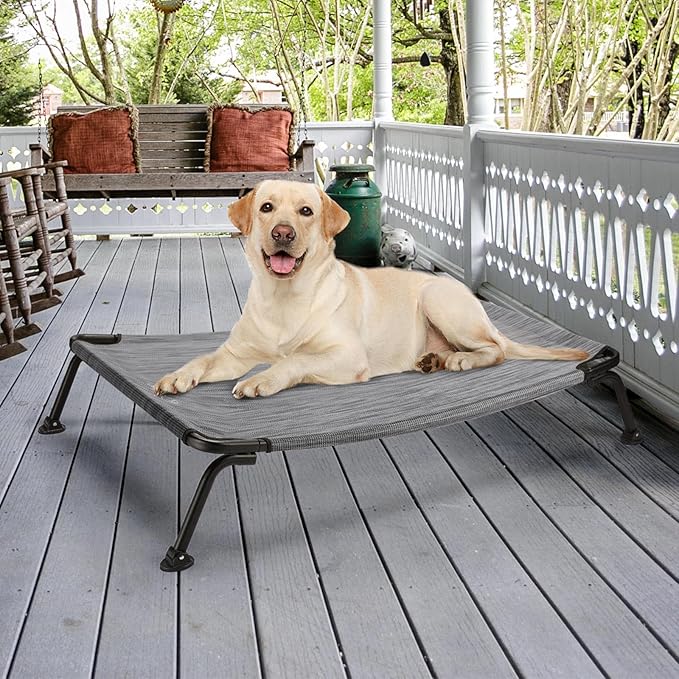 Veehoo Outdoor Elevated Dog Bed, Cooling Raised Dog Cots Beds for Large Dogs, Portable Waterproof Curved Dogs Hammock Bed for Outside, up to 120lbs, Black Legs, Black Silver 42"
