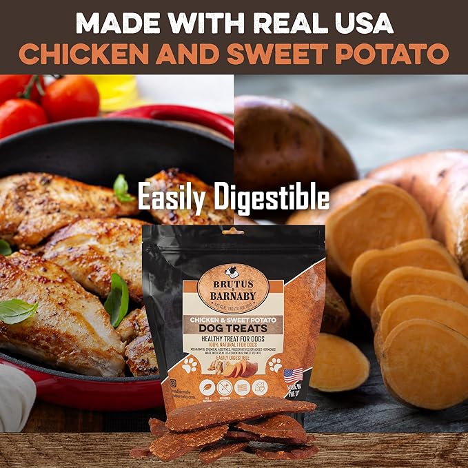 BRUTUS & BARNABY Chicken & Sweet Potato Jerky Dog Treats - Grain-Free, Preservative-Free, No Fillers - All Natural USA Chicken & Sweet Potato, High in Antioxidants - Healthy, Tasty Treat for Dogs