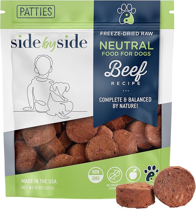 Side by Side Beef Patties, Neutral Dog Food for All Breeds, Freeze-Dried Raw Superfood, Made of Whole Foods, Complete & Balanced Meal or Topper for Dogs, Non-GMO, No Artificial Additives, 14 oz