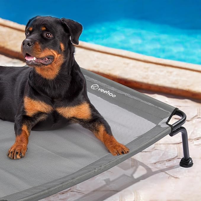 Veehoo Outdoor Elevated Dog Bed, Cooling Raised Dog Cot Bed XL, Portable Waterproof Curved Dogs Hammock Beds for Outside, up to 150lbs, Black Legs, Grey 49"