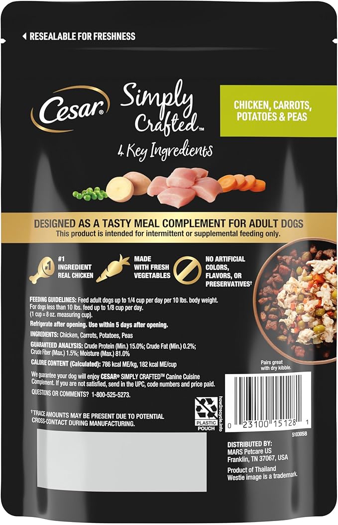 Cesar Simply Crafted Chicken, Carrots, Potatoes, & Peas Wet Dog Food Complement, 8.82 oz. Pouch (6 Count, Pack of 2)