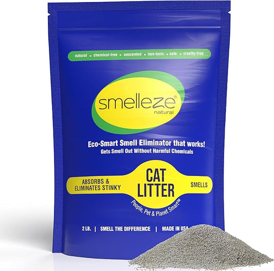 SMELLEZE Natural Cat Litter Deodorizer and Litter Box Odor Eliminator Additive for Strong Smells Unscented Kitty Litter Smell Control Safe Long-Lasting Granules for Multi Cat Homes 2 lb