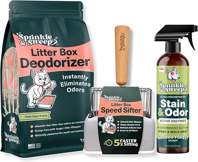 Sprinkle & Sweep Litter Box Deodorizer - Cat Litter Deodorizer Non Toxic and Safe for Kittens - Instantly Eliminates Foul Smells and Urine Odors (Bag, Sifter & Spray)