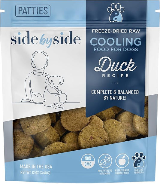 Side by Side Duck Patties, Cooling Dog Food for All Breeds, Freeze-Dried Raw Superfood, Made of Whole Foods, Complete & Balanced Meal or Topper for Dogs, Non-GMO, No Artificial Additives, 12 oz