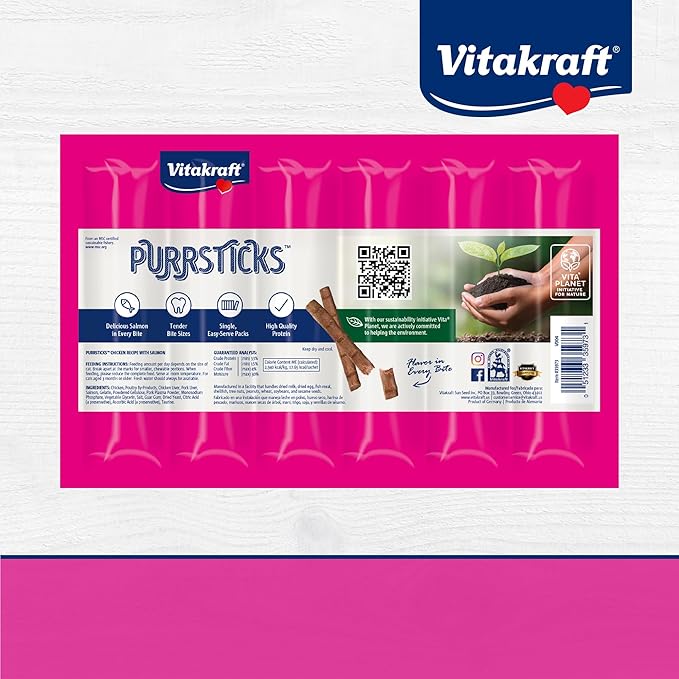 Vitakraft PurrSticks for Cats - Nutritious & Healthy Soft Cat Treats - Gently Oven Roasted Meat Sticks for Cats w/ 70% Meat - Easy-to-Serve Cat Chew Sticks (Chicken with Salmon, 4 Box Pack)