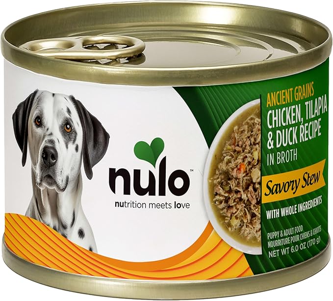 Nulo Ancient Grains Savory Stew with Whole Ingredients Puppy & Dog Food, Chicken, Tilapia, and Duck in Broth, 6.0 Ounce, 8 Cans