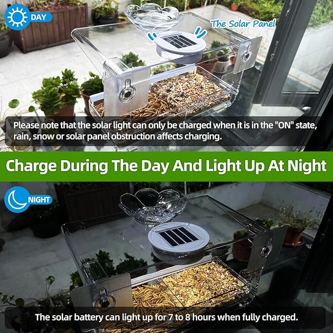 Window Bird Feeder with Non-Marking Self-Adhesive Hooks, Clear and Transparent, Outdoor Wild Bird Watching Gift, Garden Decor (with Solar Light)