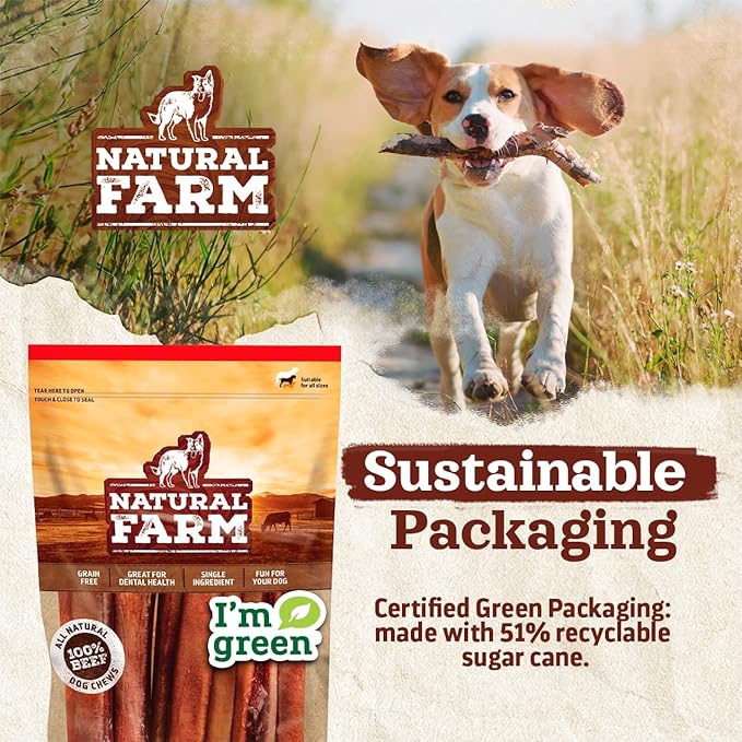 Natural Farm Collagen Chews. 6 Inch, 10 Pack. Odor-Free Long Lasting Bully Sticks & Rawhide Alternative Dog Treats, 95% Collagen Low Fat, High Protein Best Dental Dog Treats – Medium & Large Dogs
