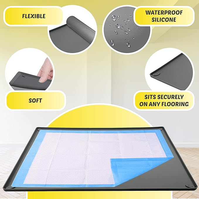 Skywin TidyFriend Dog Pee Pad Holder Tray Fits for 30” x 36” Pee Pads with Corner Lock Holes, Raised Edges, Non-Spill, Easy to Clean Silicone Dog Potty Tray Holder, for Indoor Floor Protection (Grey)