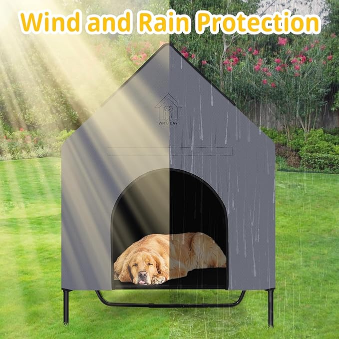 48'' Outdoor Dog Houses for Large Dogs Outside, Weatherproof Large Dogs House with Textilene Elevated Dog Bed, Breathable Dog Tent, Dog House Outdoor X-Large Breed with Windows and Sunshades