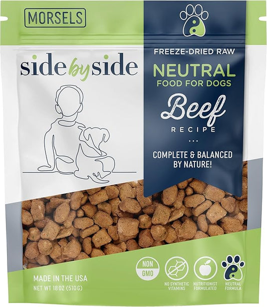 Side by Side Beef Morsels, Neutral Dog Food for All Breeds, Freeze-Dried Raw Superfood, Made of Whole Foods, Complete & Balanced Meal or Topper for Dogs, Non-GMO, No Artificial Additives, 18 oz