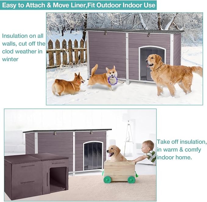 59" Extra Large Outdoor Dog House with Insulated Liner,Dog Kennel with All-Around Iron Frame,Weatherproof Dog Shelter for Small to Large Sizes Dog Kennel (Grey, LH)