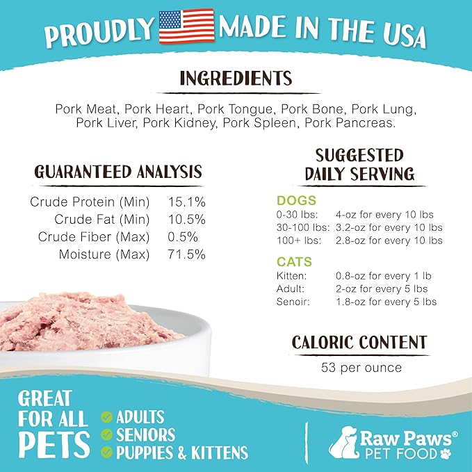 Raw Paws Signature Blend Pet Food for Dogs & Cats - Pork Recipe, 1-lb Rolls (20 Pack) - Fresh Raw Food Made in USA - Natural Dog Food Roll - Frozen Raw Pork Dog Food Log Diet