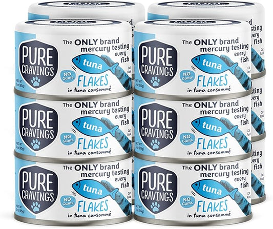 Pure Cravings Tuna Flakes in Tuna Consommé, Canned Wet Cat Food Soup, 100% Mercury-Tested, Moist Can Fish, Grain-Free Protein, Non-GMO, 3oz, Pack of 12