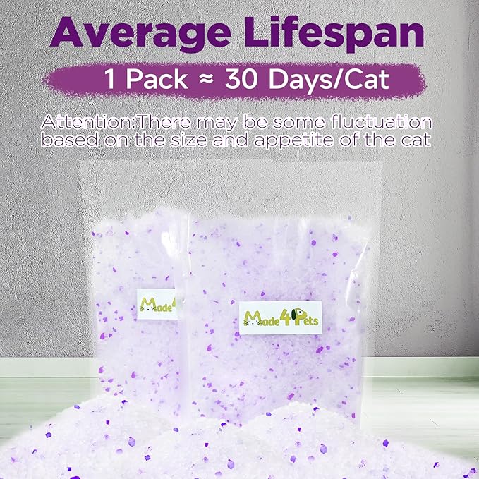 Made4Pets Cat Litter Crystals Kitty Litter Odor Control Crystal Litter Non Clumping No scooping Low Dust, Low Tracking, Lightweight, Dehydrates Waste,Lavender– 13.2 lbs (4 x 3.3 lb Packs)