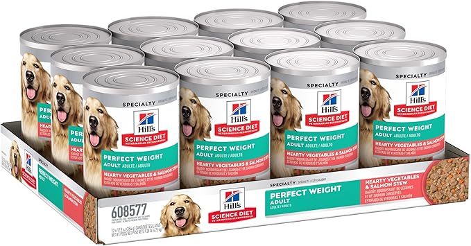 Hill's Science Diet Perfect Weight, Adult 1-6, Weight Management Support, Wet Dog Food, Salmon & Vegetables Stew, 12.5 oz Can, Case of 12