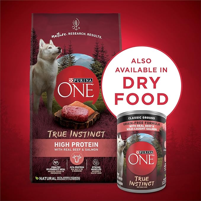 Purina ONE Wet Dog Food True Instinct Classic Ground Grain-Free Formula With Real Beef and Wild Caught Salmon High Protein Wet Dog Food - (Pack of 12) 13 oz. Cans