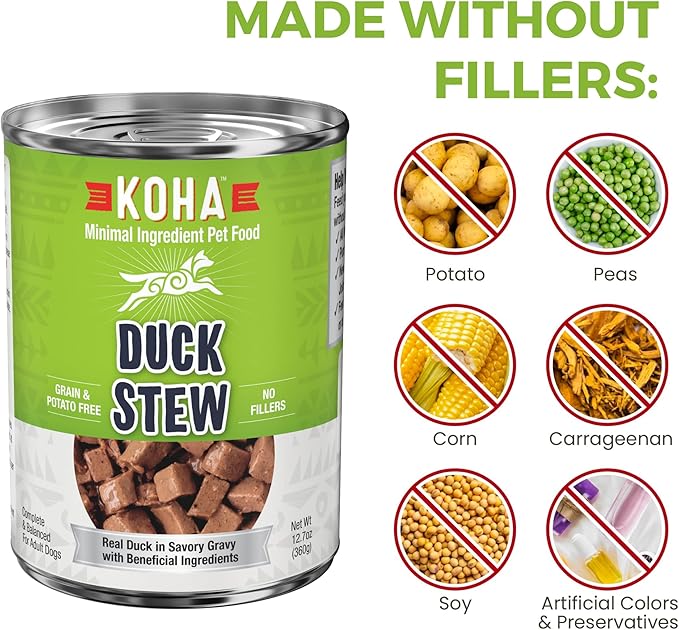 KOHA Minimal Ingredient Duck Stew for Dogs, High Protein Limited Ingredient Dog Food, 12.7oz Cans (Case of 12)