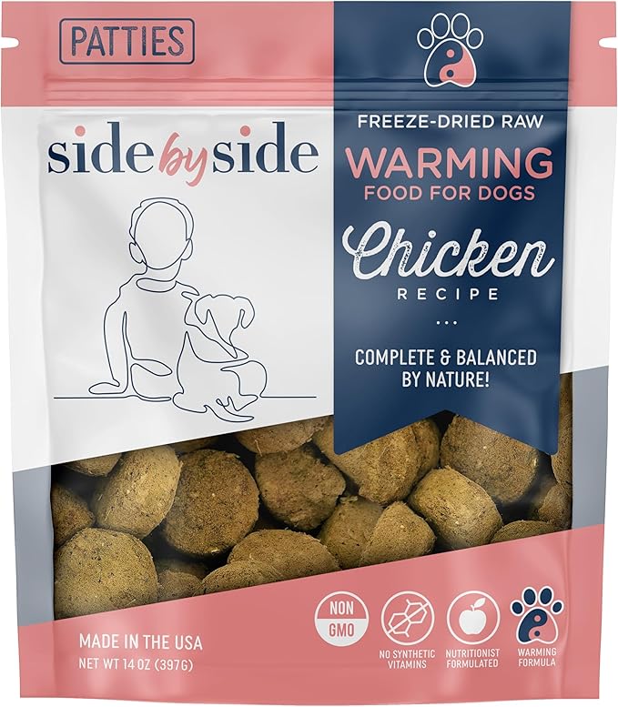 Side by Side Chicken Patties, Warming Dog Food for All Breeds, Freeze-Dried Raw Superfood, Made of Whole Foods, Complete & Balanced Meal or Topper for Dogs, Non-GMO, No Artificial Additives, 14 oz