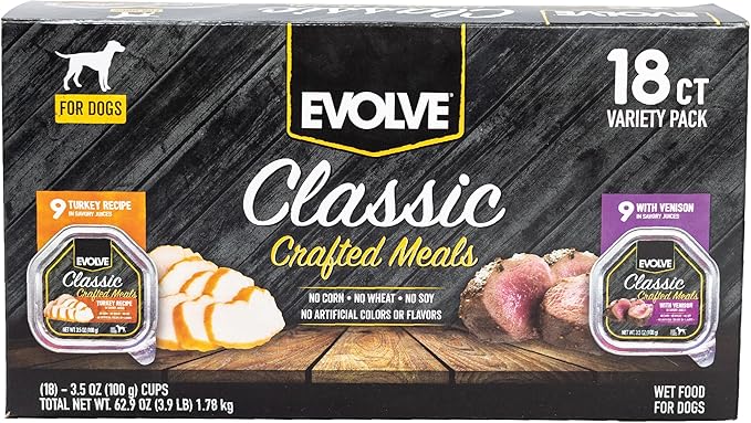 Evolve Classic Crafted Meals Variety Pack Turkey Recipe & with Venison Wet Dog Food | 3.5 oz - 18 pack