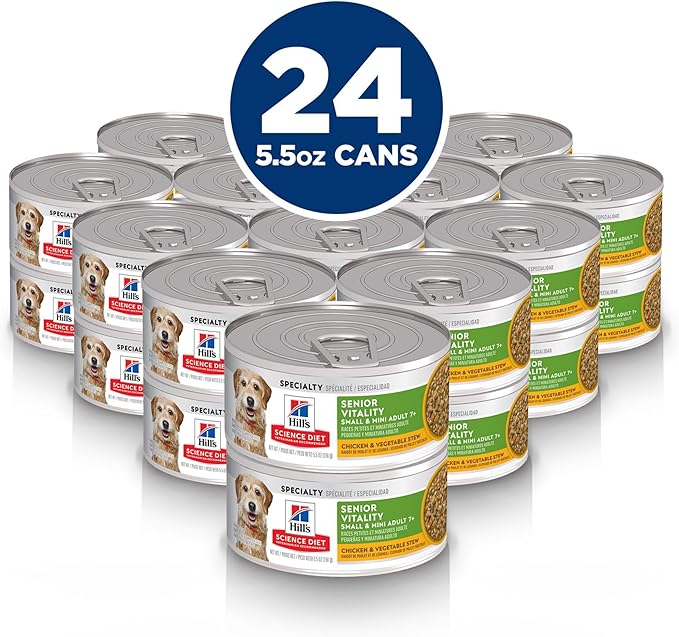 Hill's Science Diet Senior Vitality Adult 7+ Small & Mini Breeds Wet Dog Food, Salmon & Vegetable Stew, 5.5 oz. Cans, 24-Pack