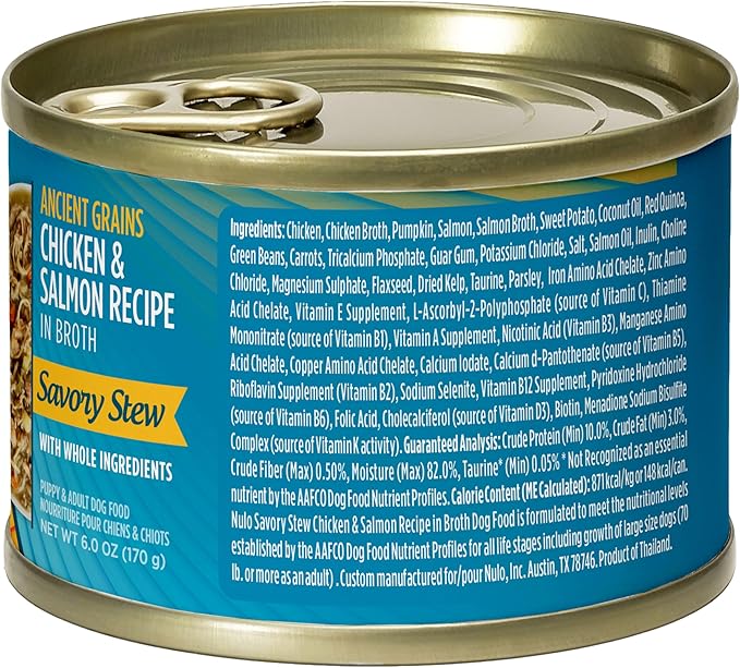 Nulo Ancient Grains Savory Stew with Whole Ingredients Puppy & Dog Food, Chicken and Salmon in Broth, 6.0 Ounce, 8 Cans