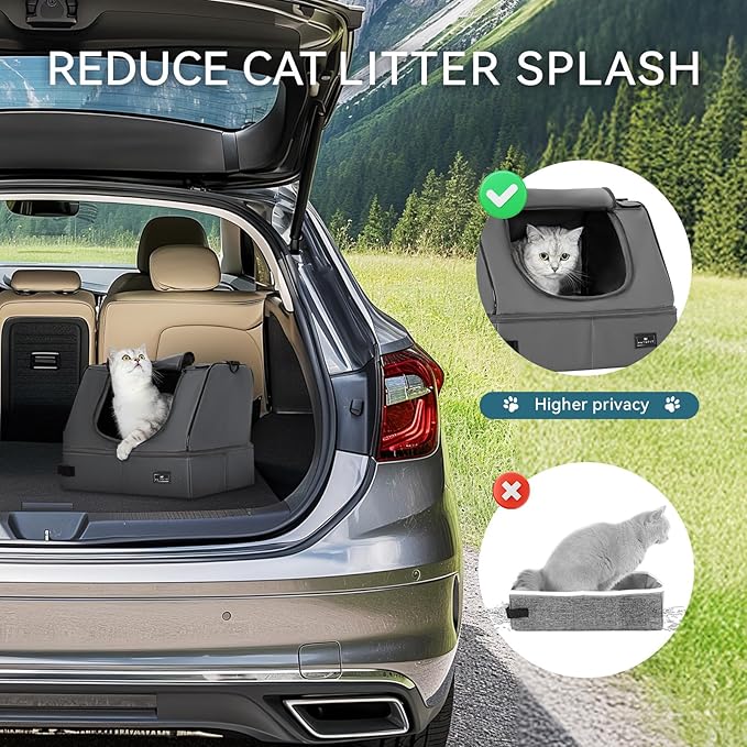 PETSFIT Portable Cat Litter Box - Removable 2-Layer Leak-Proof Lining, Scratch-Resistant Fabric with Sturdy Support Frame, Travel & Collapsible Cat Litter Box Grey