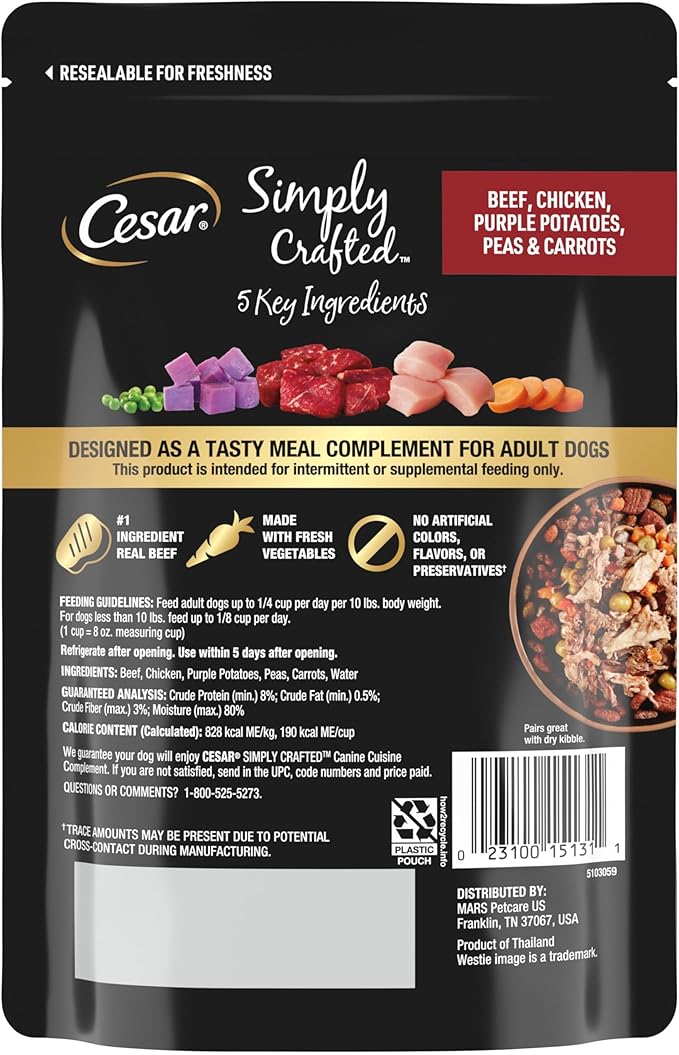 Cesar Simply Crafted Beef, Chicken, Purple Potatoes, Peas & Carrots Wet Dog Food Complement, 8.82 oz. Pouch (6 Count, Pack of 2)