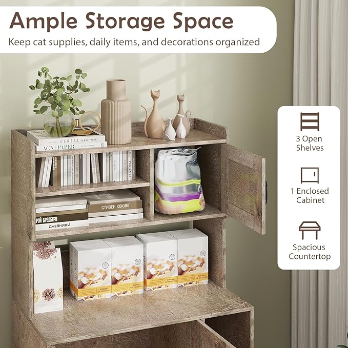 PETSITE Cat Litter Box Enclosure with Storage Shelf, 52 Inches Tall Modern Wooden Hidden Litter Box Furniture with Storage Shelving, Ideal for Indoor Cats (Oak)