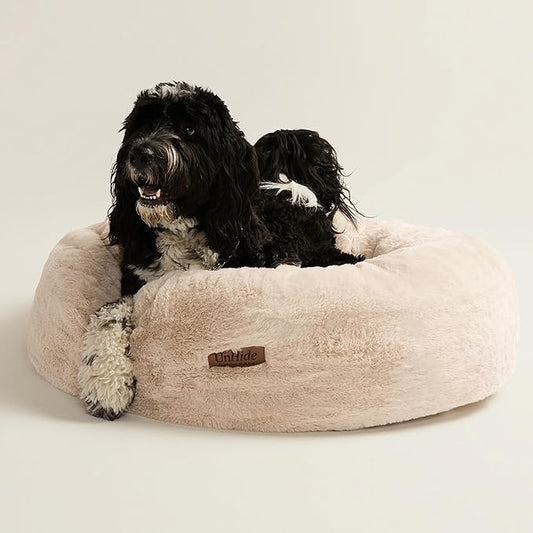 UnHide Floof Pet Bed - XL (40"x14") - Extra Soft Dog Bed - Removable Faux Fur Cover - Machine Washable - Helps Ease Pet Anxiety & Provides The Perfect Sleep, Beige